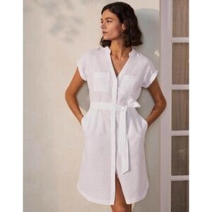 Boden Linen Midi  Shirt Dress  6R Button Down Short Sleeve Pockets Tie  Waist